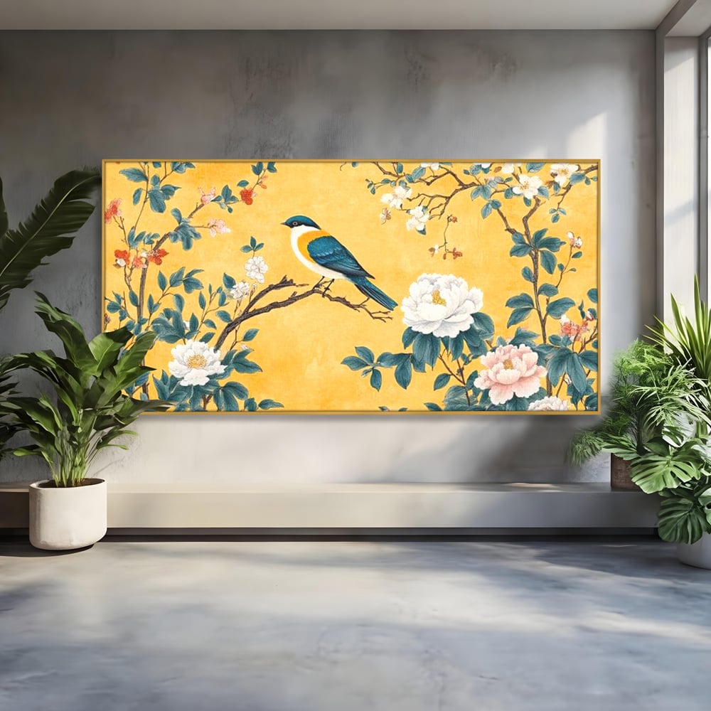 Tablou canvas cu tablou canvas cu pasare pe creanga si bujori, in rama de aluminiu auriu